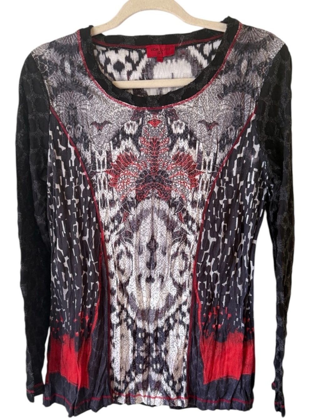 Women's Long-Sleeve Printed Tee with Red Accents
